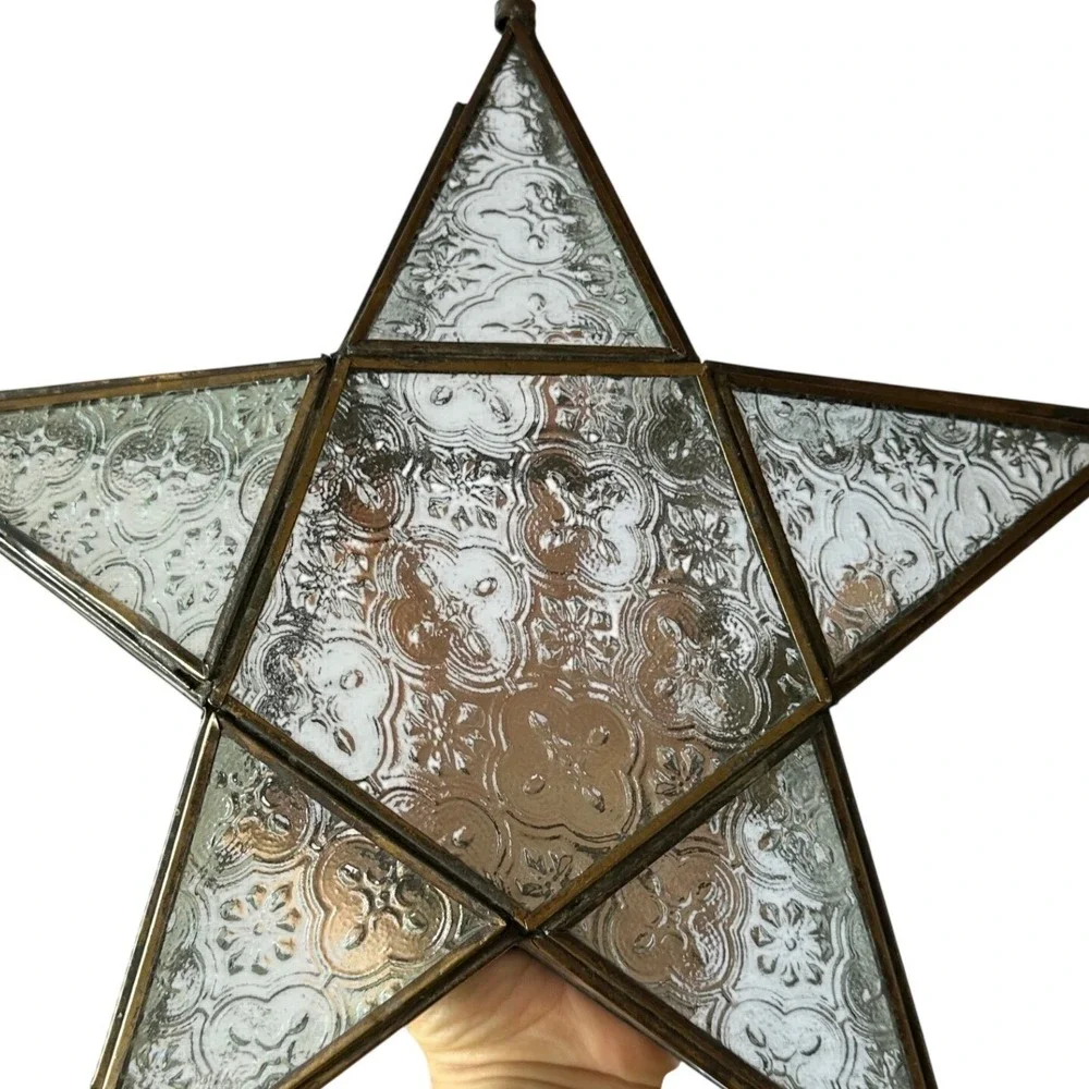 Moravian Star Hanging Lantern Etched Glass Brass Metal Frame Tealight Holder